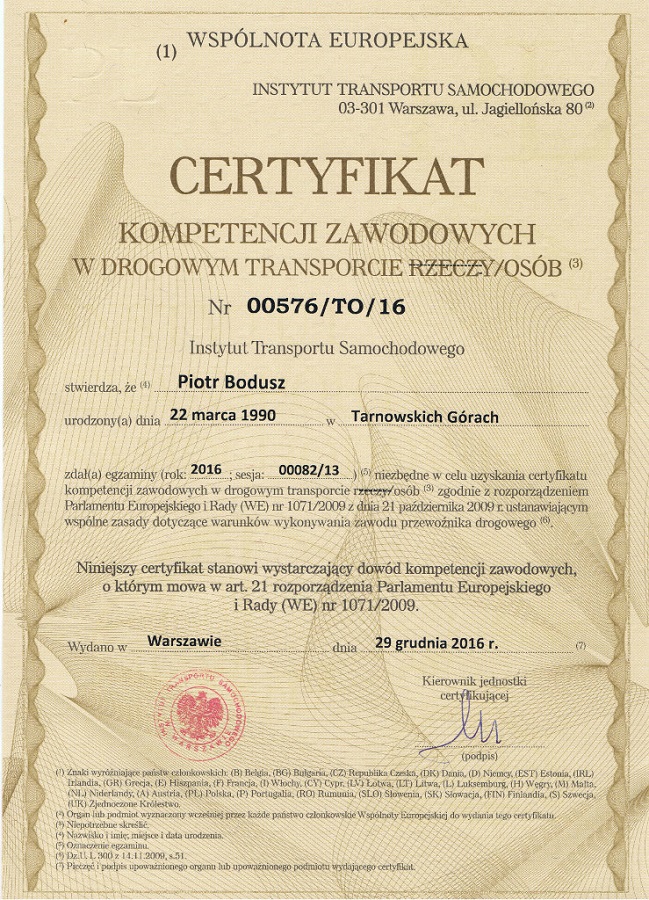 Certyfikowany przewoźnik osób